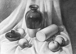 素描静物之罐子，石膏圆柱，梨子与酒精灯